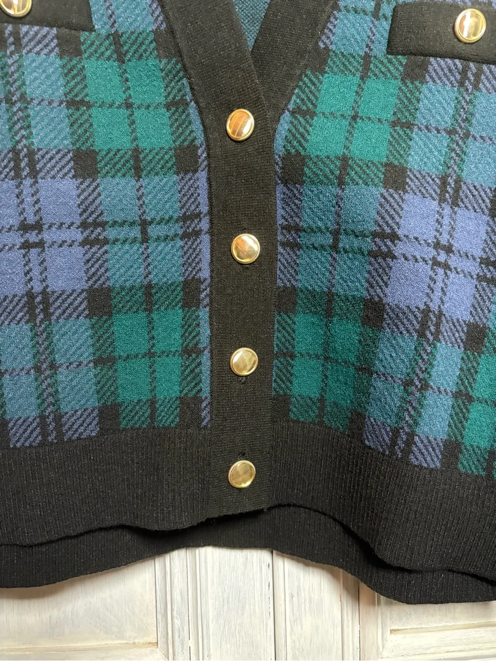 Ann‎ Taylor Blackwatch Plaid Cardigan Preppy Grandpa Country Club Academia
